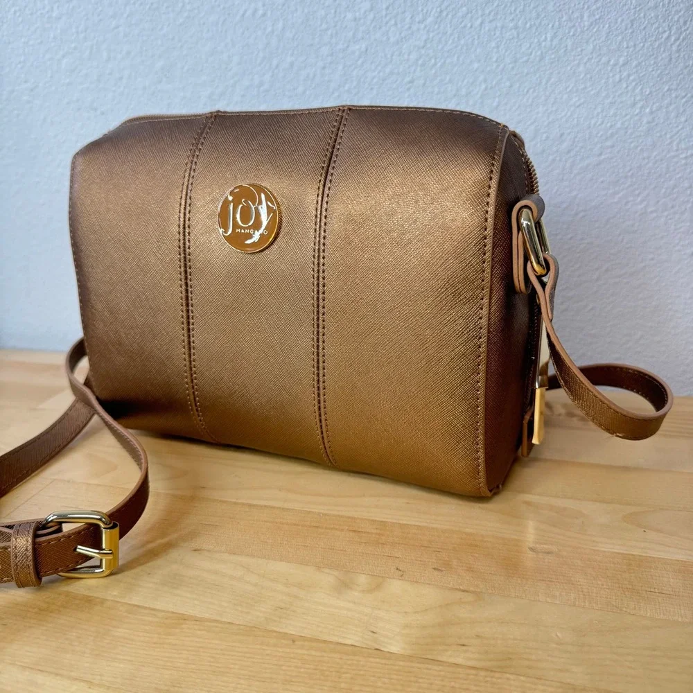 Joy‎ Mangano Bronze Metallic Saffiano Crossbody Bag RFID Organizer Gold Hardware
